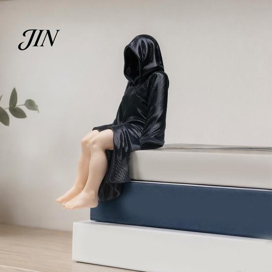 Desktop Female Figure 3D Printed Black Robe Women Figurine, Sitting Hooded Shelf Woman Statue Sitter, Gothic for Home Office Bookshelf Decoration