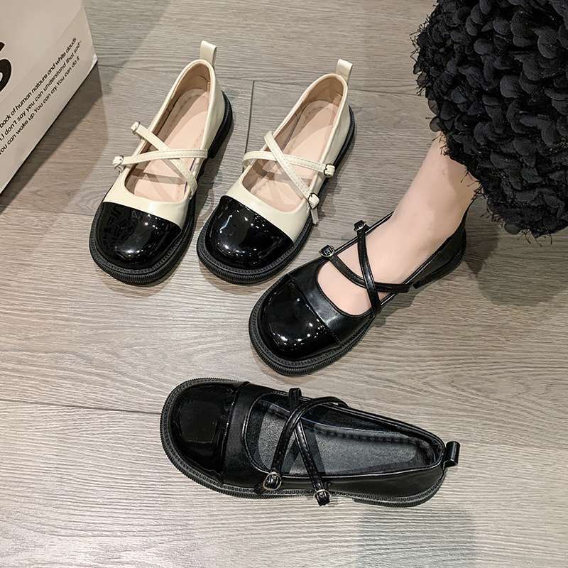 2025 Spring and Autumn Single Shoes Women's Flat-soled Small Fragrant Mary Jane Small Leather Shoes French Thick-soled Soft-soled Shallow Mouth W