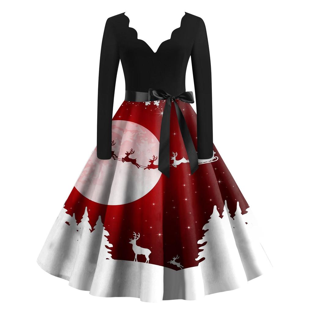 Женские рождественские повседневные модные винтажные платья с v-образным вырезом и длинными рукавами с принтом