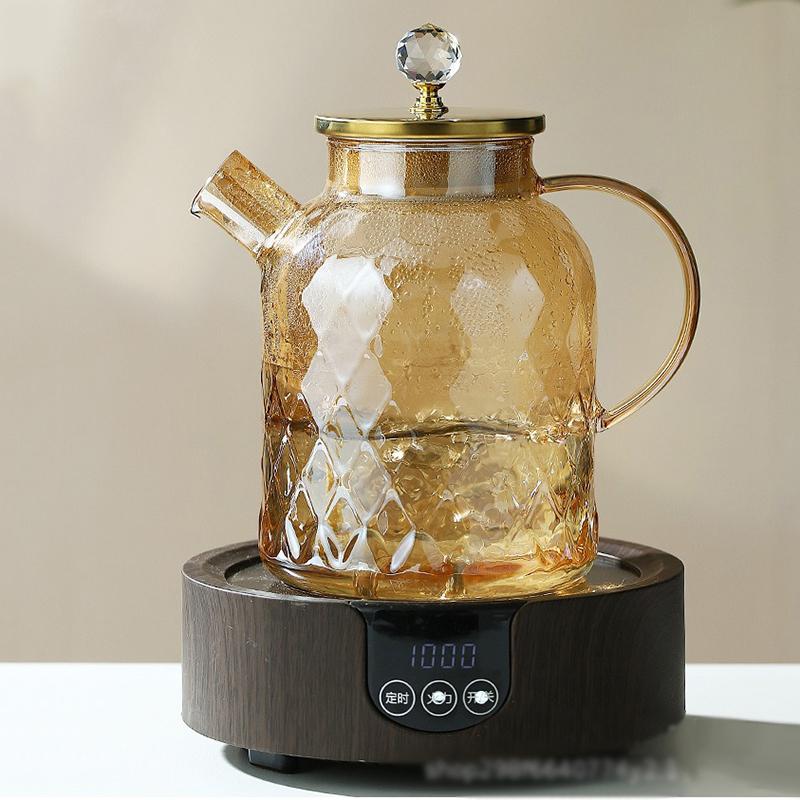 Стеклянный чайник 1/1,8 л с крышкой и фильтром, чайник для шампанского, холодо- и жаростойкий, заварочный чайник для распускающегося чая, фруктового чая, янтарный