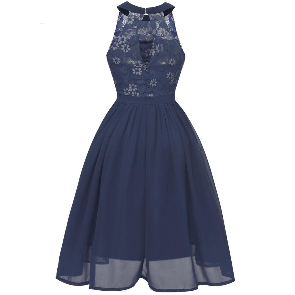 Women's Floral Crochet Lace Bodice Chiffon Midi Prom Dress for Bridesmaid Party Evening Cocktail Celebrity