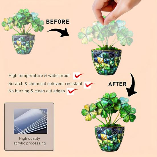 2D плоский клеверный орнамент, окрашенный акриловым оконным ловцом солнца, подвесным украшением в виде листа монстеры, зеленью, подарок для любителей природы