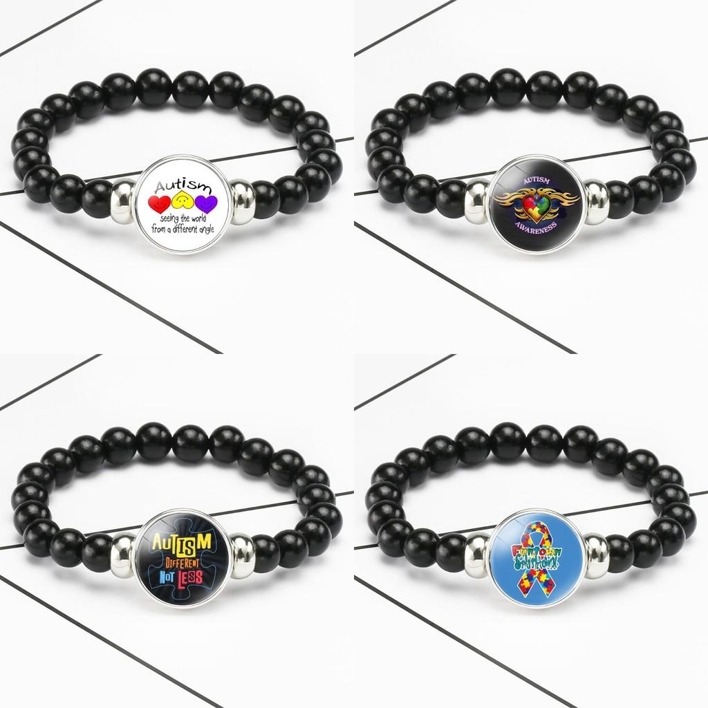 Men And Womens Beaded Bracelet Autism Awareness Black Stretch Cord