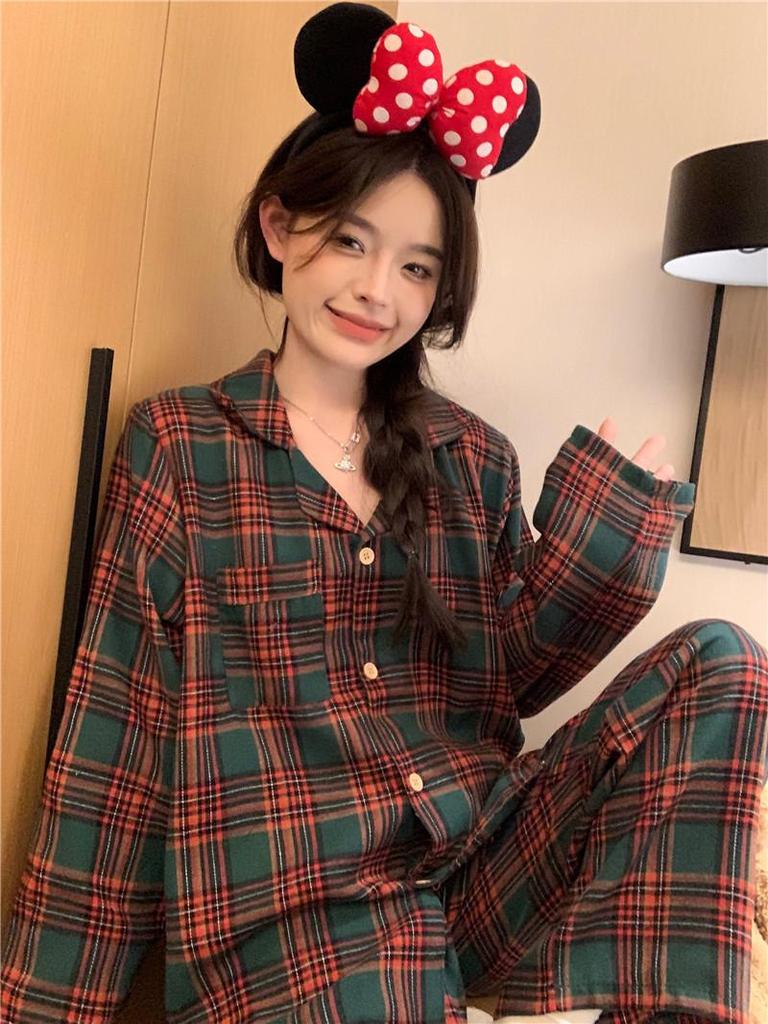 2024 Autumn Loose-Fit Couple Pajama Set - Long Sleeve Christmas Plaid Flannel Homewear
