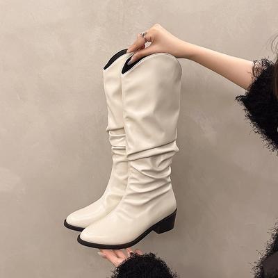 Высокие сапоги до колена на среднем каблуке, женские новые туфли из искусственной кожи 2024 года, модные плиссированные водонепроницаемые туфли-лодочки в стиле панк Mujer Zapatos