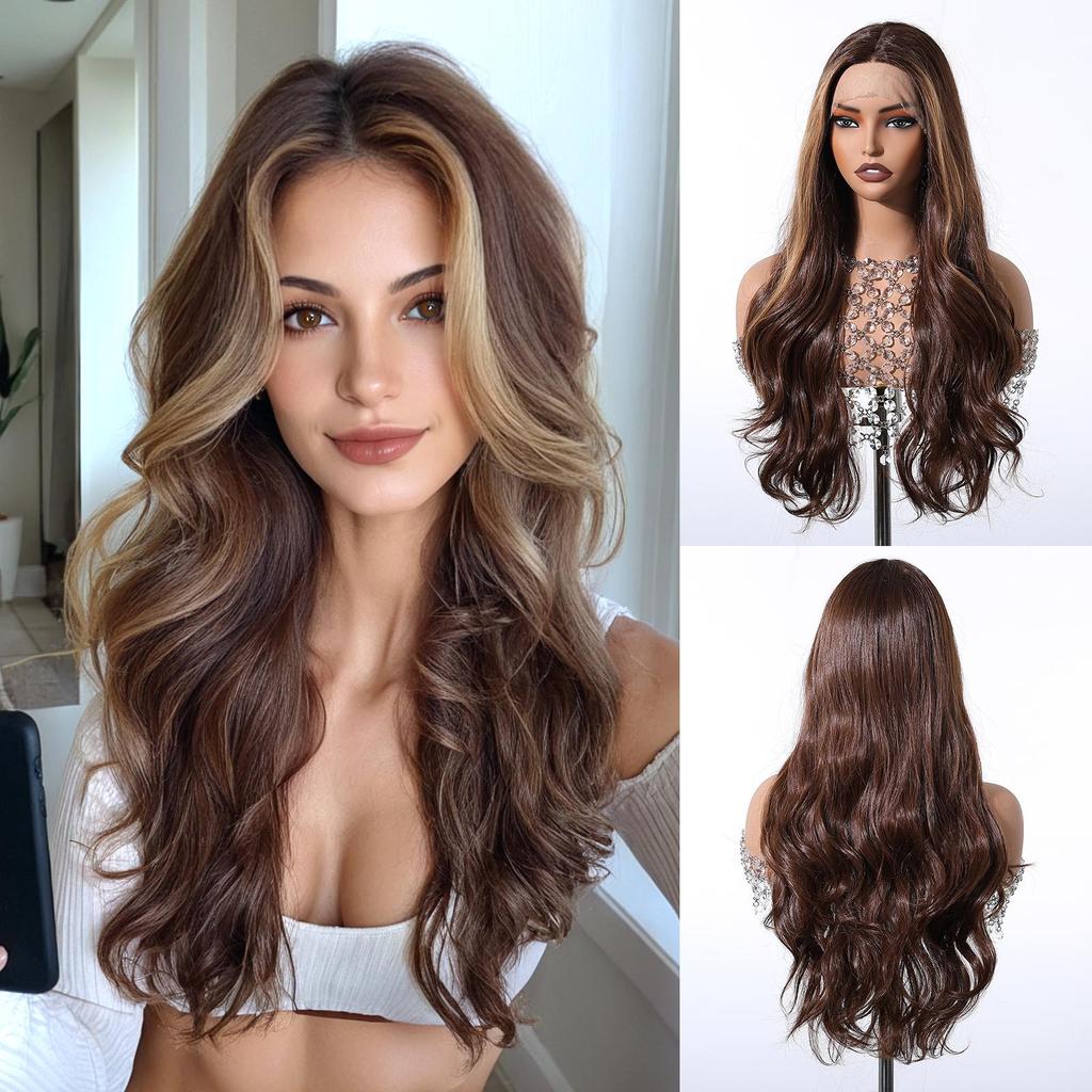 ALAN EATON Synthetic Front Lace Wig Red Brown Long Highlight Wave Middle Part Hair Synthetic Wigs Daily Party for Women