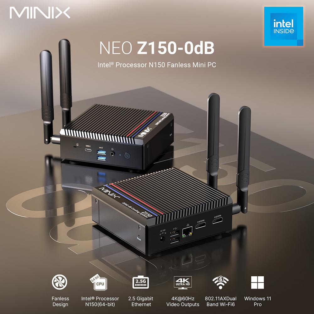 MINIX Z150-0dB Fanless Mini PC, Intel N150 4 Cores Max 3.6GHz, 16GB RAM 512GB SSD, 2*HDMI 4K@60Hz Dual Screen Display, WiFi 6 Bluetooth 5.2