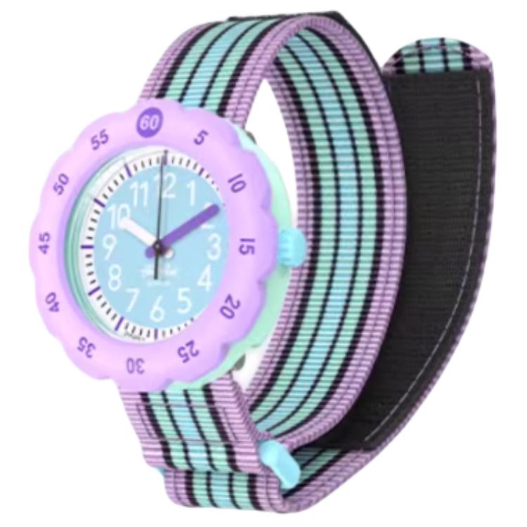 SWATCH Flik Flak series quartz movement 30 meters waterproof depth children's Swiss watch 34.75mm blue dial plastic case fabric strap ZFPSP071