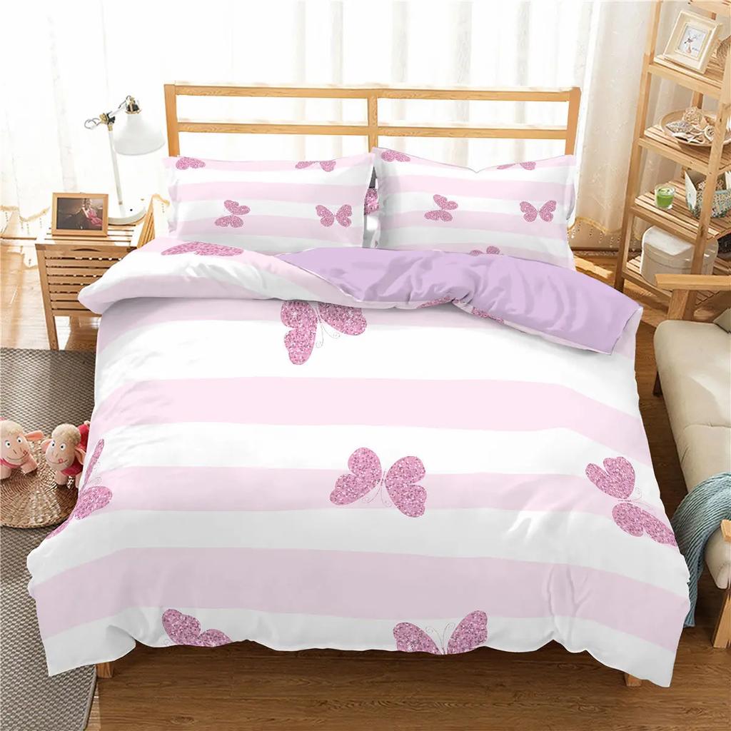 Girl Duvet Cover Set Pink Bow Pattern Kawaii Twin Bedding Set Pink Polyester Bedding Collections for Kids Girls Queen King Size