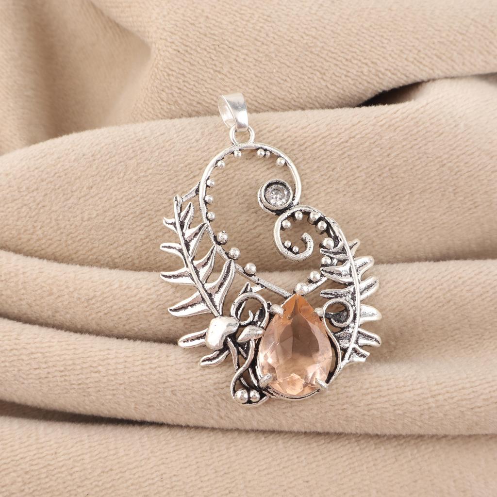 Peach Tourmaline Gemstone Silver Pendant 1.8" 925 Sterling Silver Women Jewelry For Birthday Gift CP-42-13