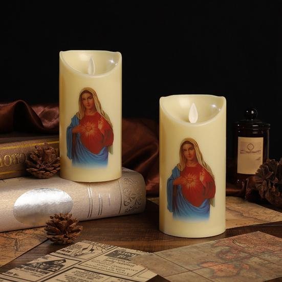 Светодиодные рождественские свечи, беспламенные мерцающие молитвенные лампадки, светильники с дизайном религиозных фигур для домашнего алтаря, церковного декора