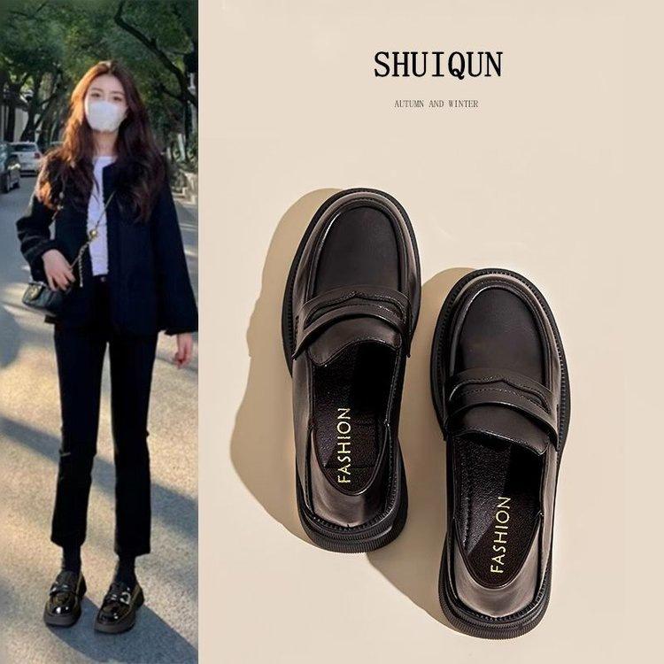 2025 Autumn British Style Small Leather Shoes Women's New One-pedal Single Shoes Small Height-increasing Thick-soled Muffin Loafers