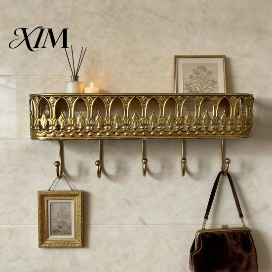 Wall Mounted Storage Rack Floating Shelves, Metal Shelf with 5 Hooks, Key Holder Rustic Plant Stand Mail Organizer, for Entryway Living Room