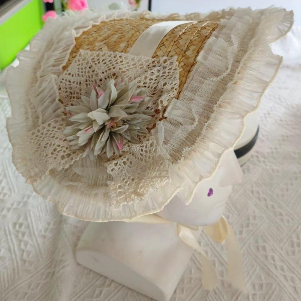 French Rural style Lolita Straw Hat Ribbon Bow Ruffle Lace Girl Sun Hat Handmade With Strap Ribbon Flower Flat Top Hat
