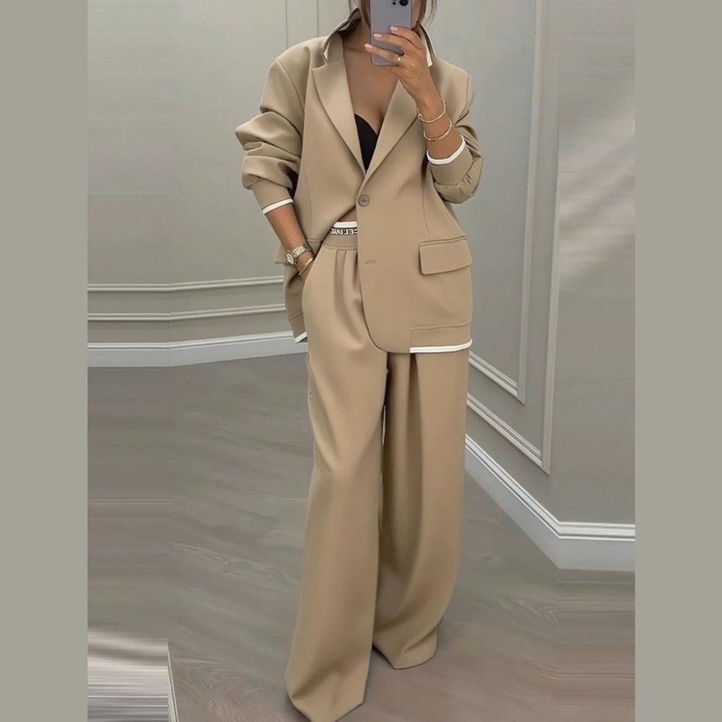 Темпераментный костюм-блейзер Женские брюки Свободный однотонный Осенне-зимний Для работы С длинным рукавом С лацканами Топ Брюки широкие от бедра Комплект из двух предметов