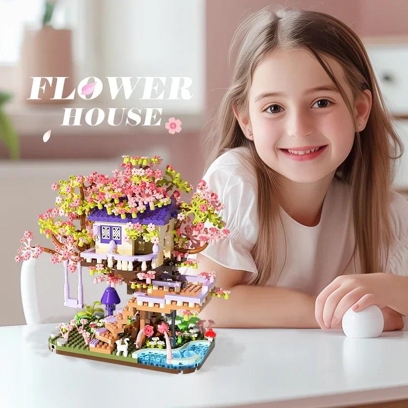 Цветочное Домик на Дереве Строительные Блоки DIY Сборка Игрушки Микро Кирпичики Пазлы Игрушки для Детей Девочек Девушки Подарки на День Рождения