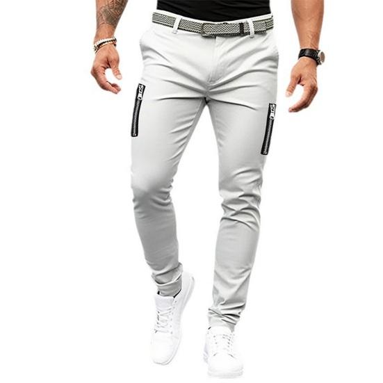 Men Pants Zipper Decor Solid Color Mid Waist Soft Breathable Zip Up Button Closure Pockets Slim Fit Casual Four Seasons Streetwear Jogger Pencil Pants