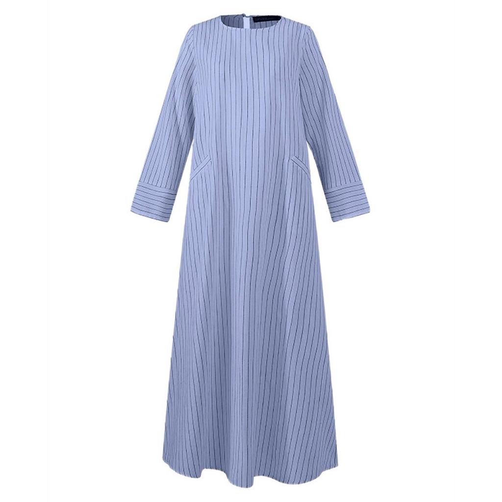 Women Long Sleeve Muslim Islamic Dress Casual Striped Kaftan Dress