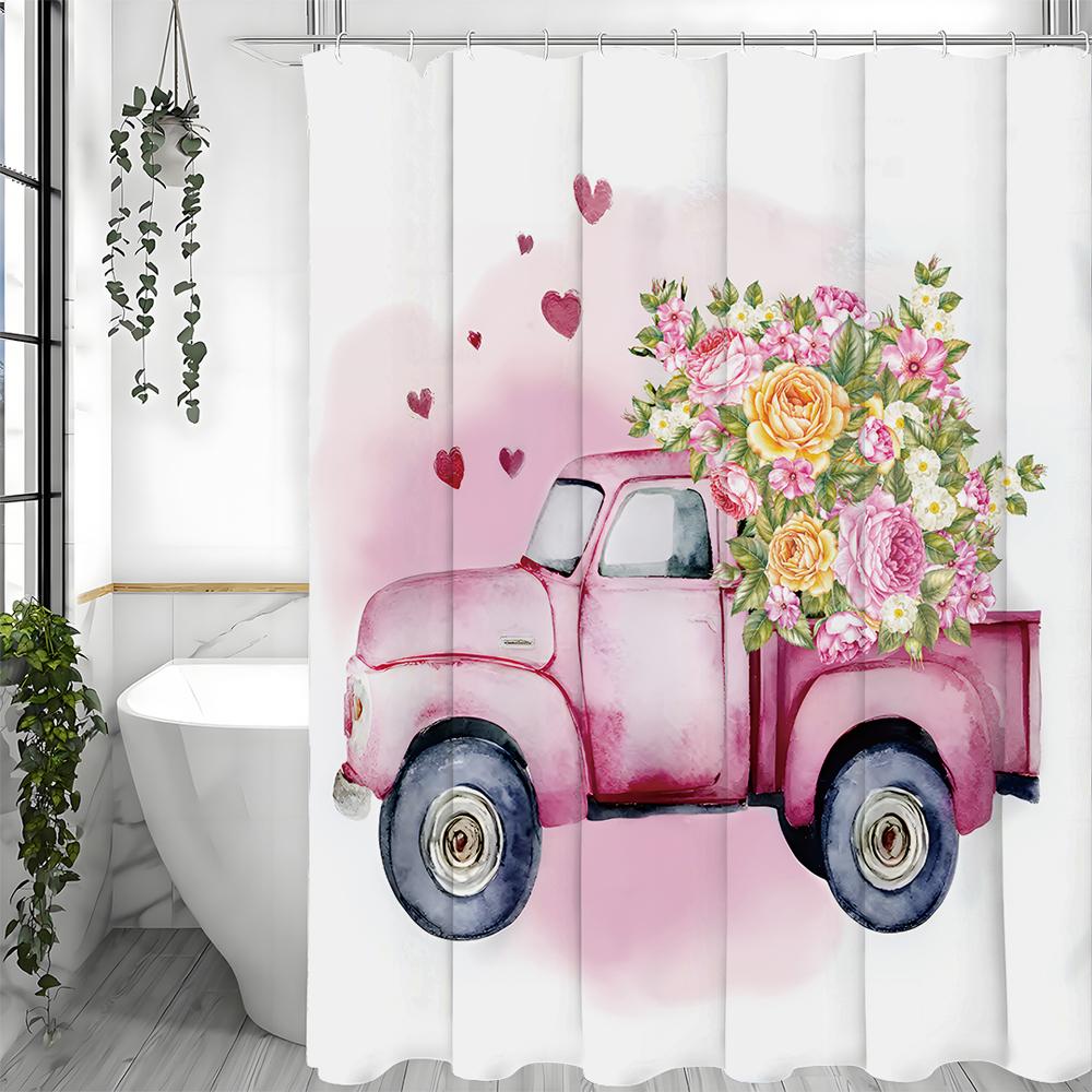 Watercolor Pastel Car Colorful Flower Love Shower Curtain, Bathroom Decorative Shower Curtain, Waterproof Shower Curtain with Ho
