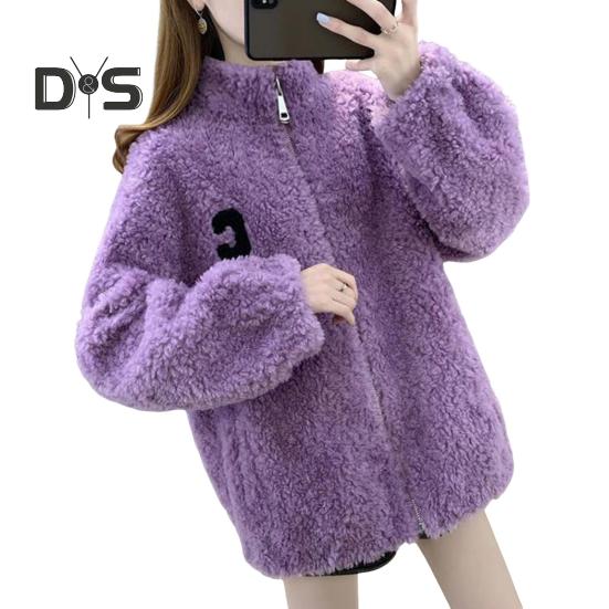 Зимнее женское пальто из утолщенного двухстороннего искусственного флиса, однотонное, воротник-стойка, защита шеи, декор в виде букв, длинные рукава, сохраняющие тепло, для путешествий на свежем воздухе