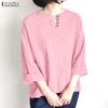 Women Casual Round Neck Loose 3/4 Sleeve Solid Blouse