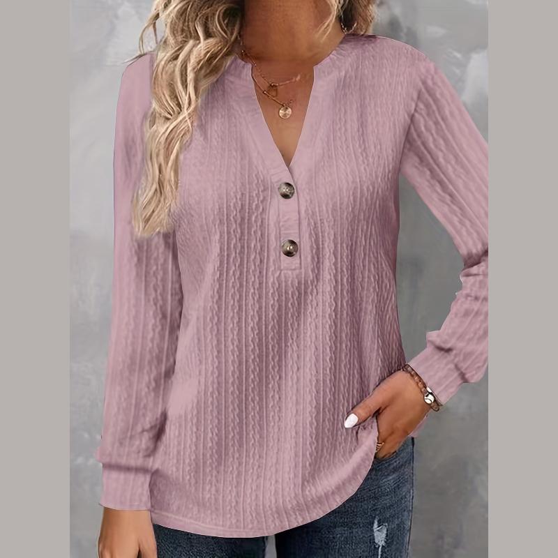 Women Solid Color Long Sleeve T Shirt V Neck Button Decor Autumn Winter Top