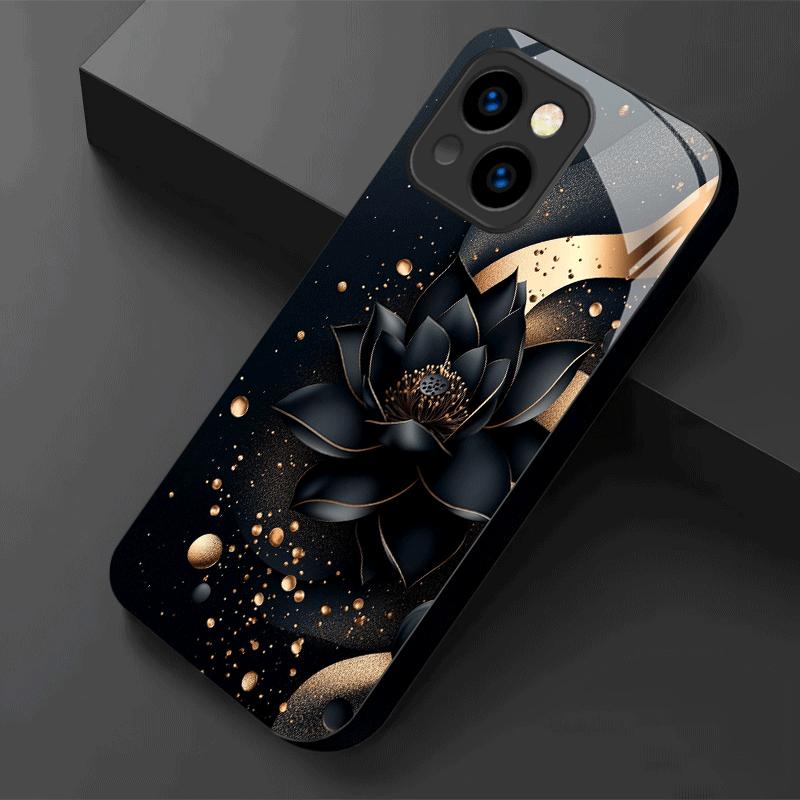Черный золотой лотос Закаленное стекло Чехол для телефона Подходит для iPhone 17 16 15 14 13 12 11 Pro/Max/Plus Ударопрочная задняя крышка