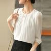 Модная белая шифоновая рубашка с круглым вырезом для женщин, офисная женская однотонная повседневная блузка, топы, летние элегантные женские рубашки с рукавом семь четвертей 26065