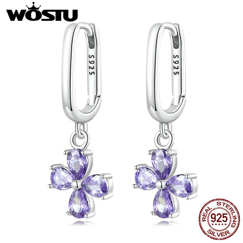 WOSTU Настоящее серебро 925 пробы, фиолетовые циркониевые серьги с крестом для женщин, ювелирные изделия, подвеска с крестом, серьги-подарок на вечеринку