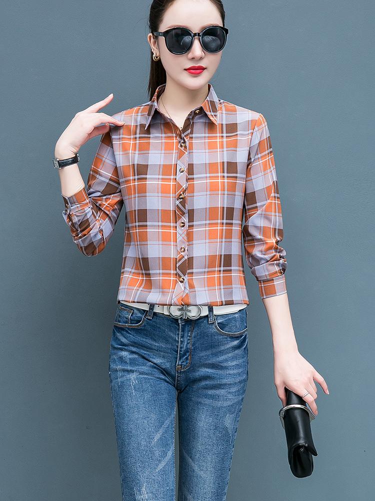 Клетчатая рубашка для женщин, сто женщин, топы, свободная ретро рубашка с длинным рукавом с гонконгским вкусом