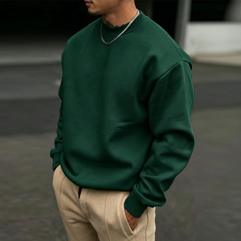 Men's Solid-Color Round-Neck Fleece Pullover A Thick, Soft, and Relaxed-Fit Long-Sleeve Top for Everyday Casual Wear in Fall and Winter