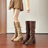 New Pleated Stacking Boots Can Be Folded Twice, Brown Boots, Thick Heels and Thick Soles, But Knee Knight Boots.
