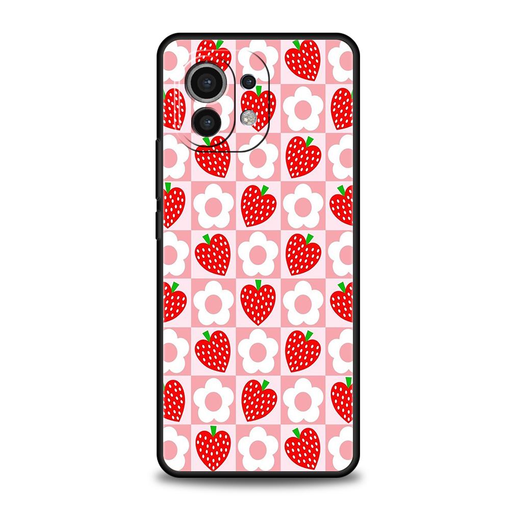 Чехол для телефона для Xiaomi Poco F7 F6 F5 F4 F3 X7 X6 X5 X4 X3 NFC M4 C51 C55 GT Pro 5G Мягкий ТПУ Клубника и Мелкий Цветочный Розовый