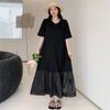 Dimanaf 2025 Летнее платье больших размеров для женщин, повседневное винтажное длинное платье с коротким рукавом, свободное базовое черное плиссированное платье
