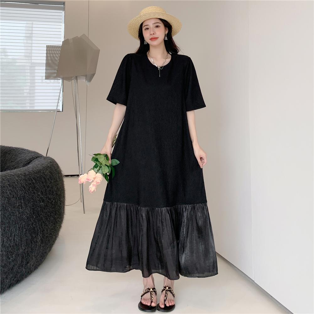 Dimanaf 2025 Летнее платье больших размеров для женщин, повседневное винтажное длинное платье с коротким рукавом, свободное базовое черное плиссированное платье