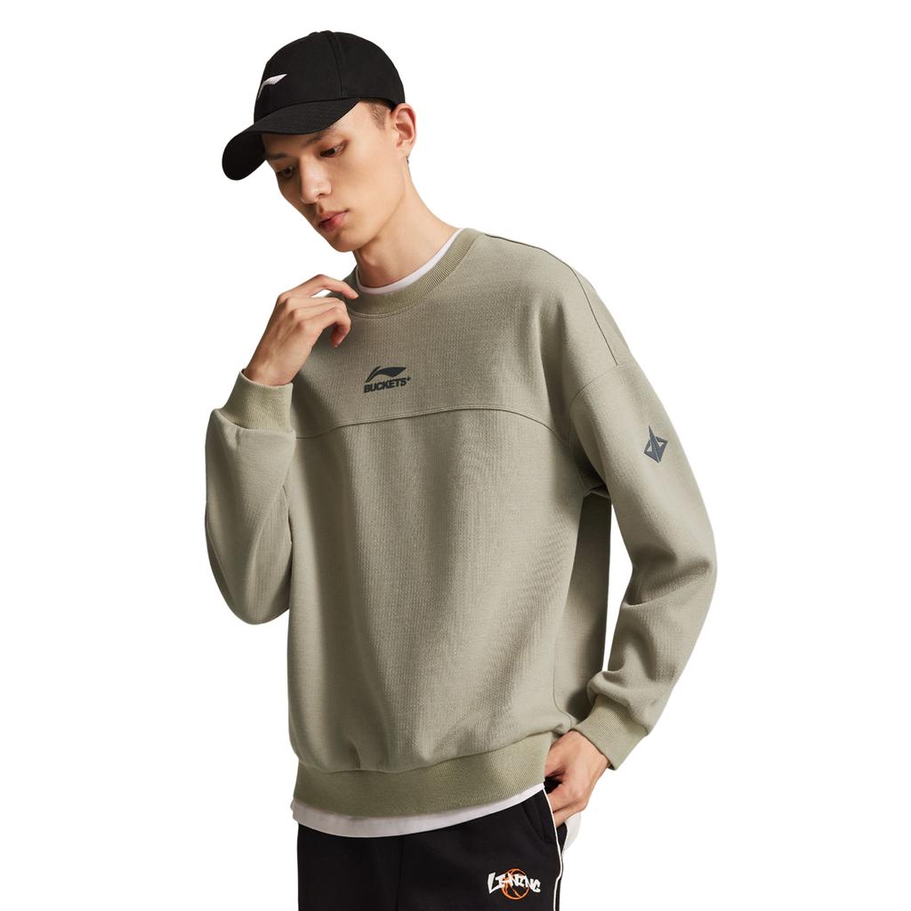 Li Ning Sweatshirts Men's Solo Green Crew Neck Moderate Regular AWDV545-3