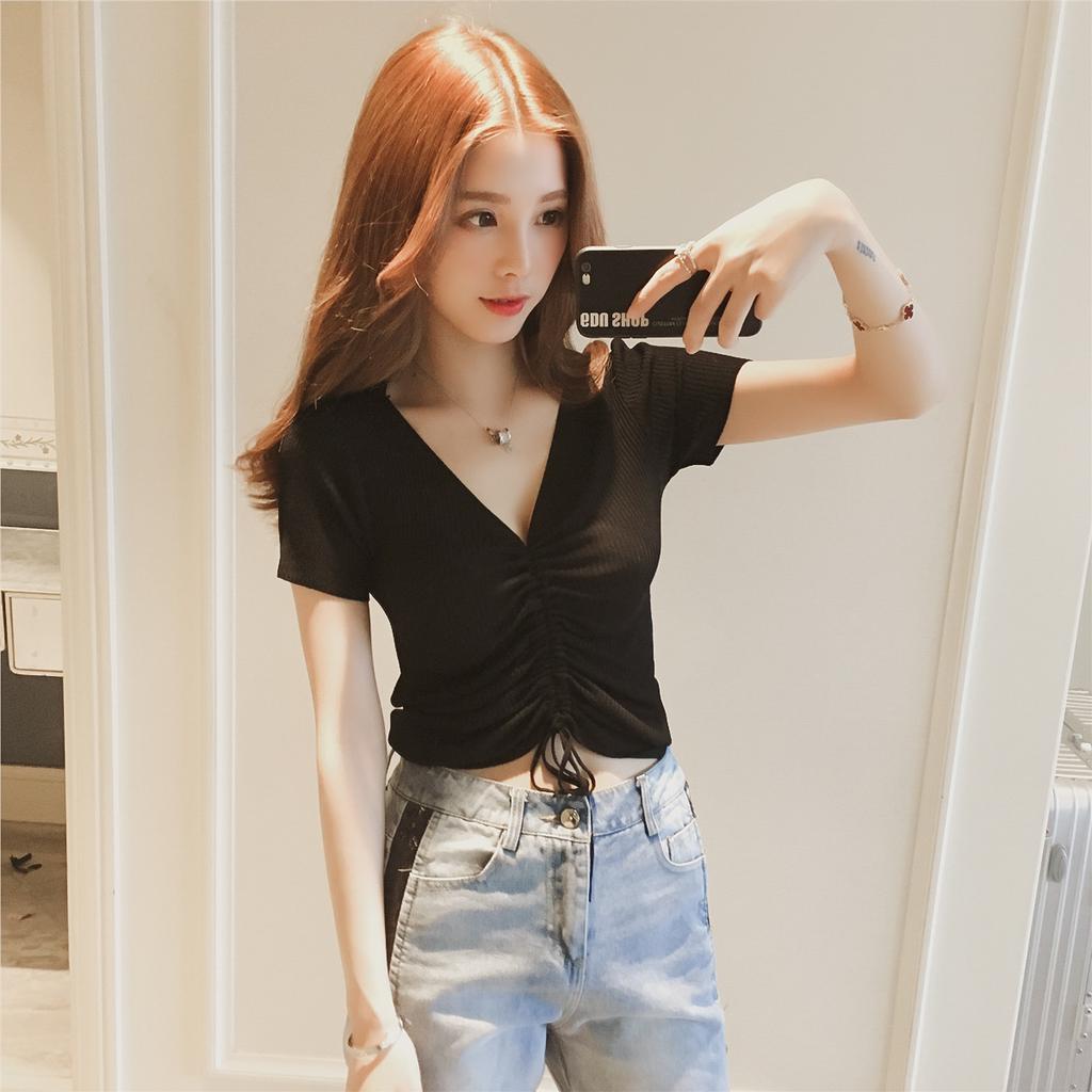Summer New Korean Style V-neck Drawstring Navel-baring Sexy Short Top Women's Waist Design Slim Short-sleeved T-shirt