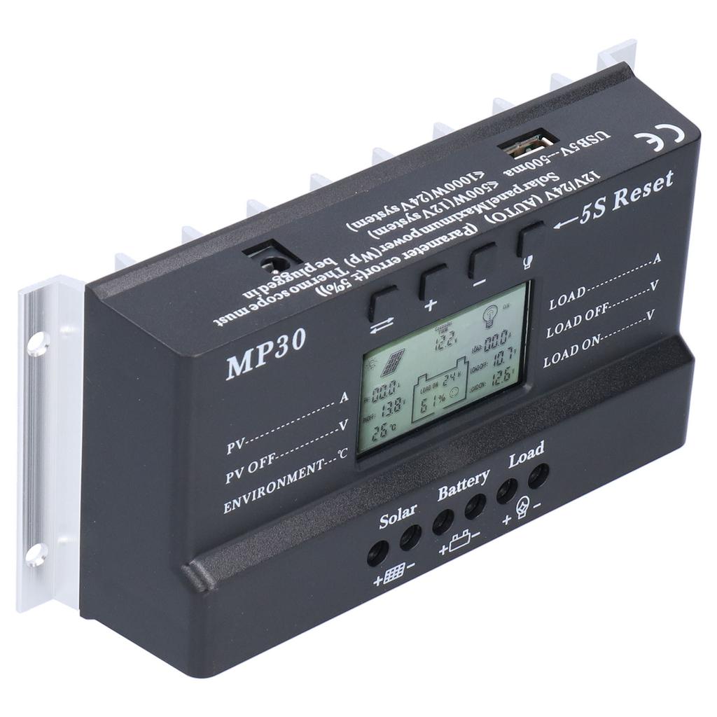 Контроллер солнечного заряда 30A 12/24V ЖК-дисплей Подсветка Защита цепи USB-порт MPPT PWM