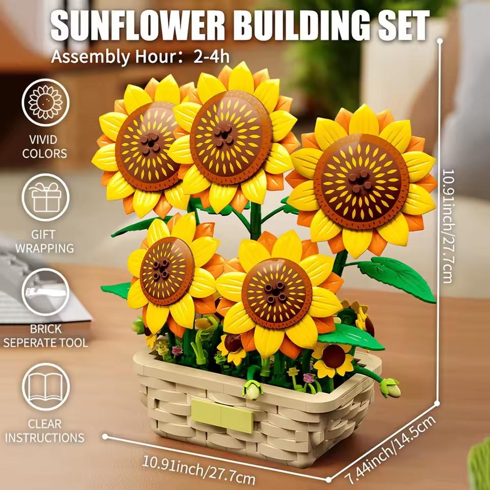861Pcs Sunflower Potted Plant Building Block Flower Bouquet Vase Model Bricks Set Home Decoration Girls Educational Toys