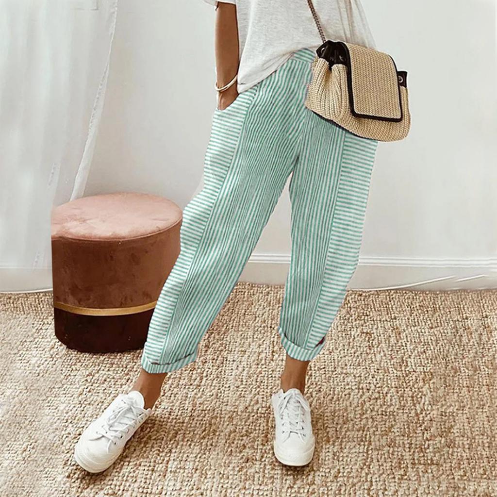 Women Casual Stripe Print Up Trendy Pants Baggy Elastic Waist Straight Leg Comfort Trousers With Pocket