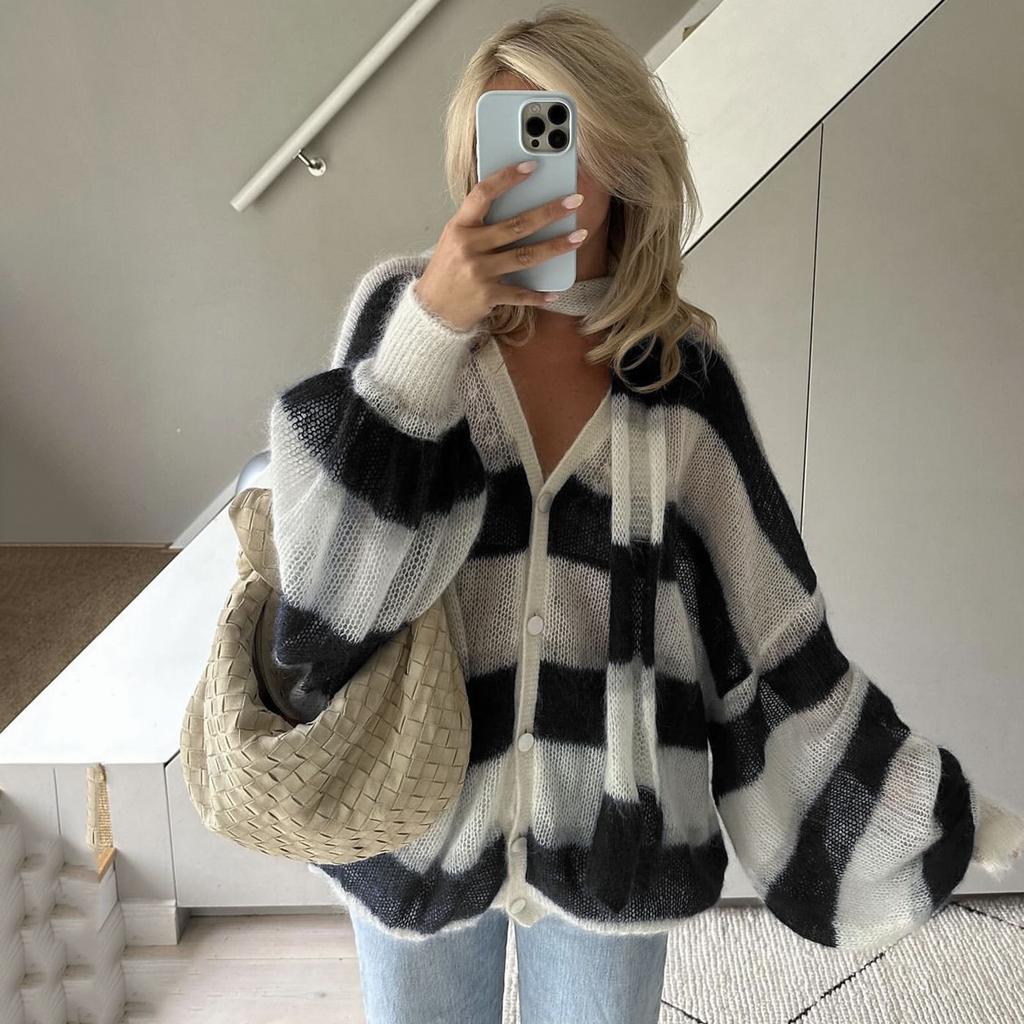 Women's Autumn and Winter Loose Striped Casual Cardigan Sweater