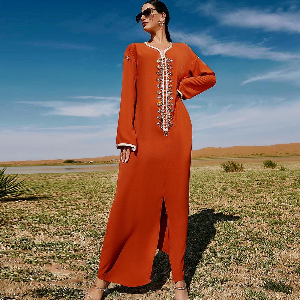 Women's Clothing Orange Handmade Rhinestone Webbing Dubai Loose Muslim Dress