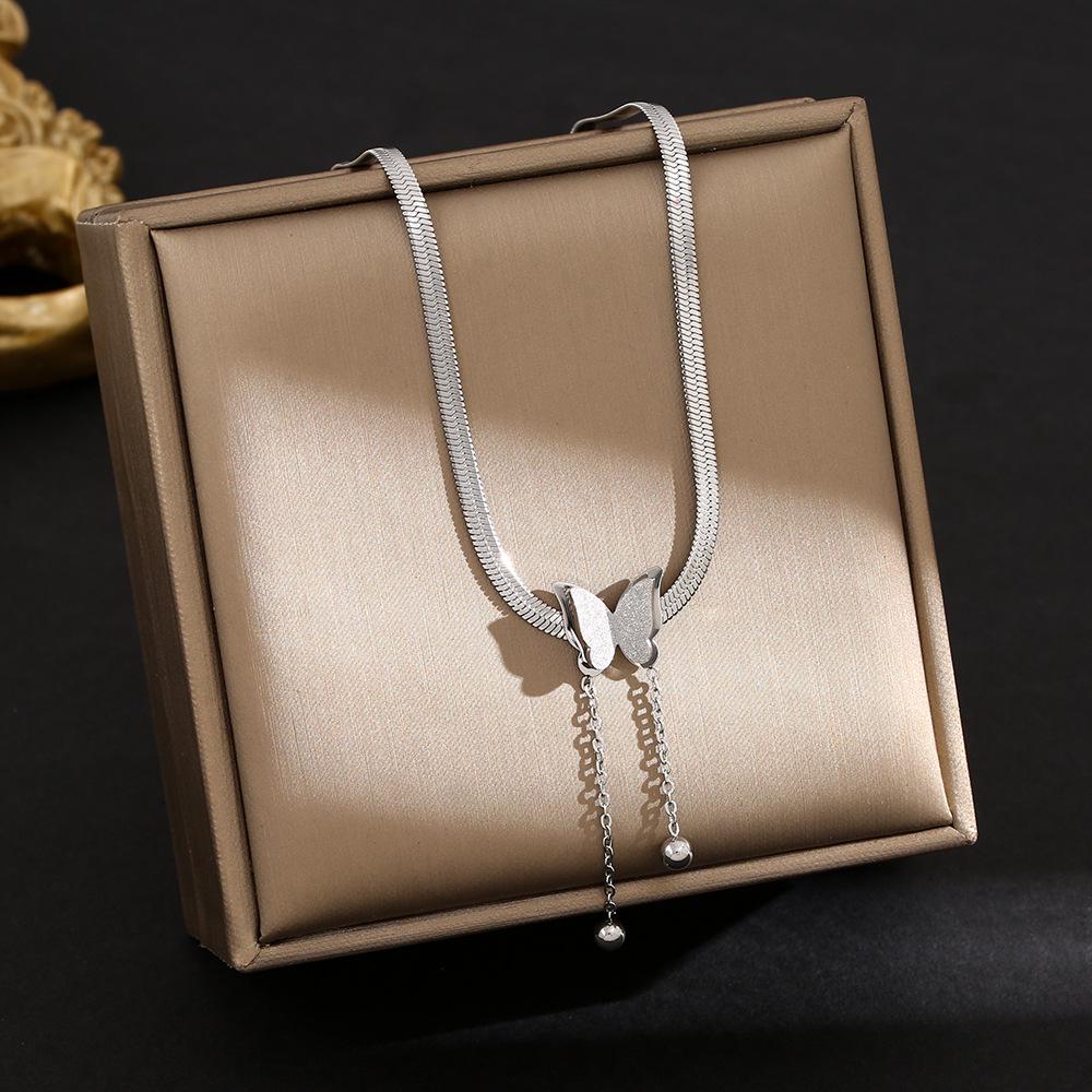 Korean Butterfly Tassel Luxury Diamond Titanium Steel Necklace - Women's Versatile Clavicle Jewelry