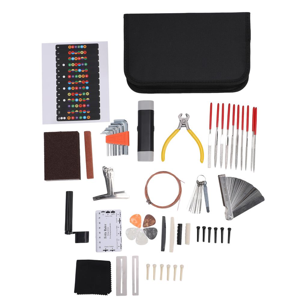 72Pcs Guitar Repair Tool Kit with Strings Picks Storage Case String Guard Pen Bridge Pins Nut Files Hex Wrenches for Guitar