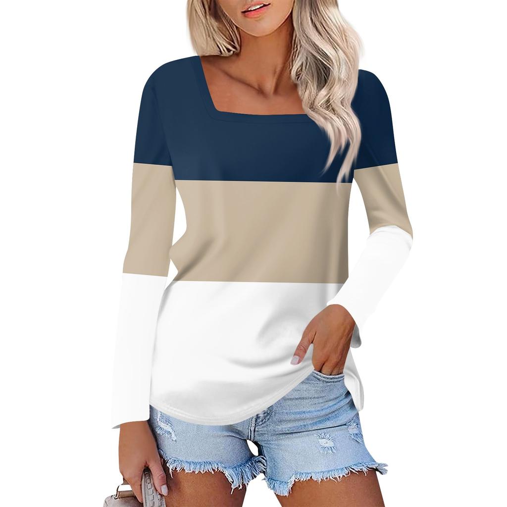 Рубашка для женщин, модная повседневная свободная футболка с квадратным вырезом и длинным рукавом с принтом, женский топ