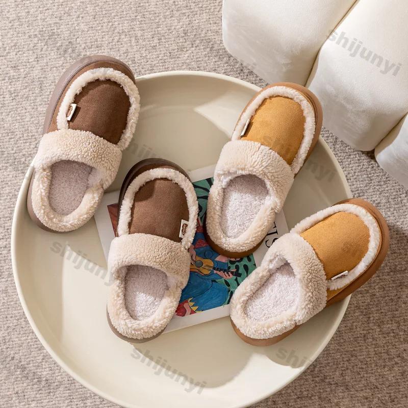 Модные женские плюшевые теплые домашние тапочки на платформе, зимние новые мягкие удобные домашние хлопковые тапочки для пола, тапочки на танкетке для девочек, пушистые тапочки для дома