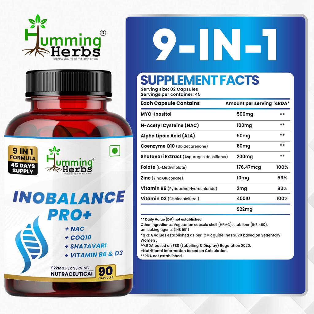Humming Herbs InoBalance Pro+ Добавка для поддержки при СПКЯ для женщин | Мио-инозитол, NAC, CoQ10, Шатавари, Фолат, Цинк, Витамин B6 и D3 | Гормональный &