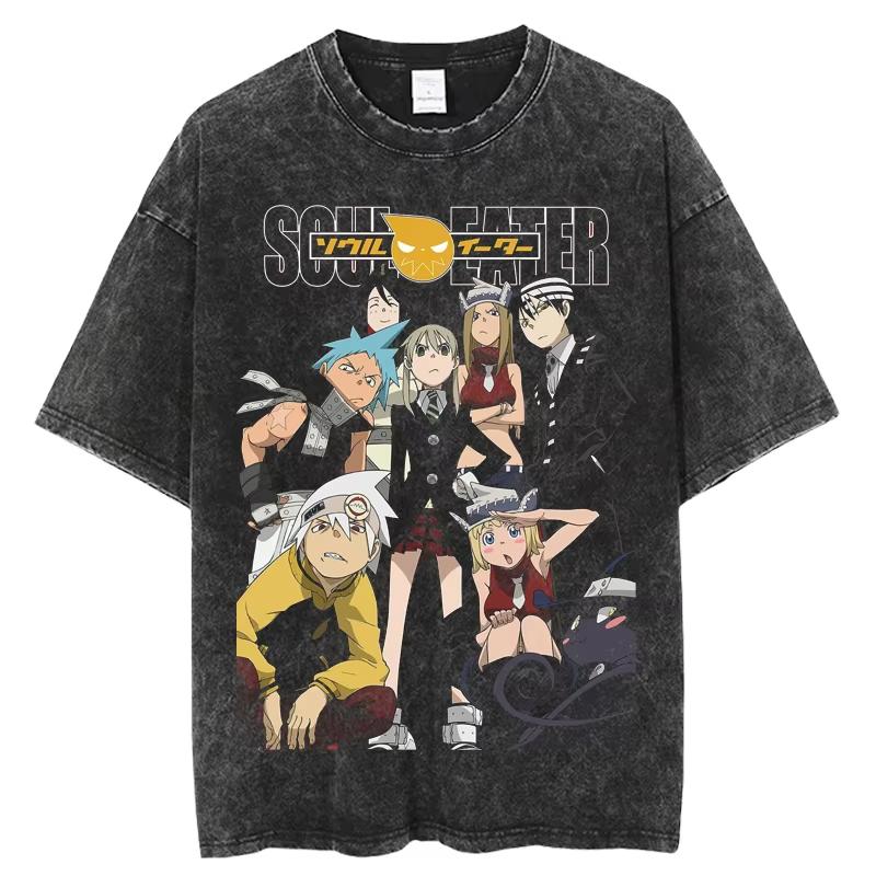 Япония Аниме Soul Eater Печатная Футболка Мужская Стиранный Хлопок Футболки Повседневная Свободная Манга Футболка Харадзюку Мужская Уличная Винтажная Футболка Топ