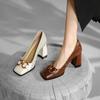 Новые квадратные носки на высоком каблуке женские туфли ретро коричневые женские туфли темперамент толстый каблук одинарные туфли женские офисные туфли