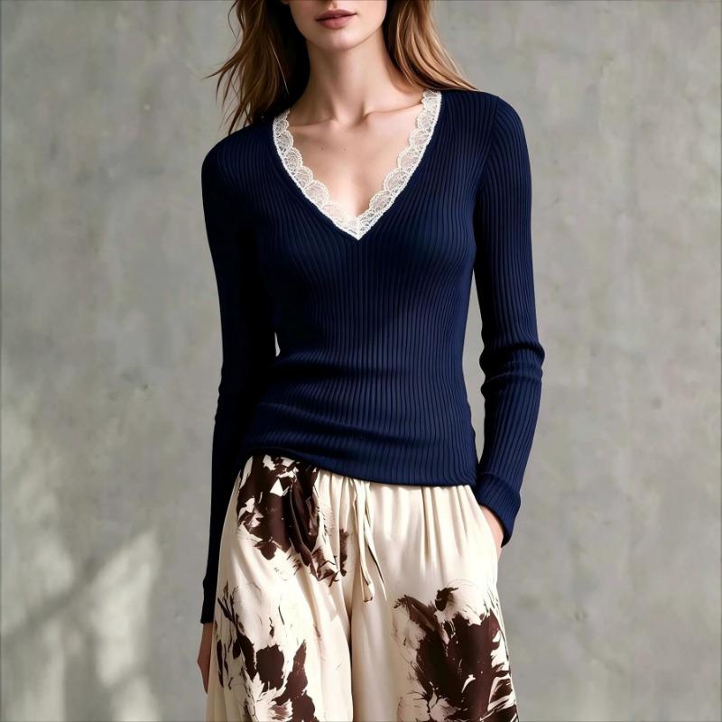 Women S Vintage Lace Splicing Knit Top V Neck Slim Fit Long Sleeve